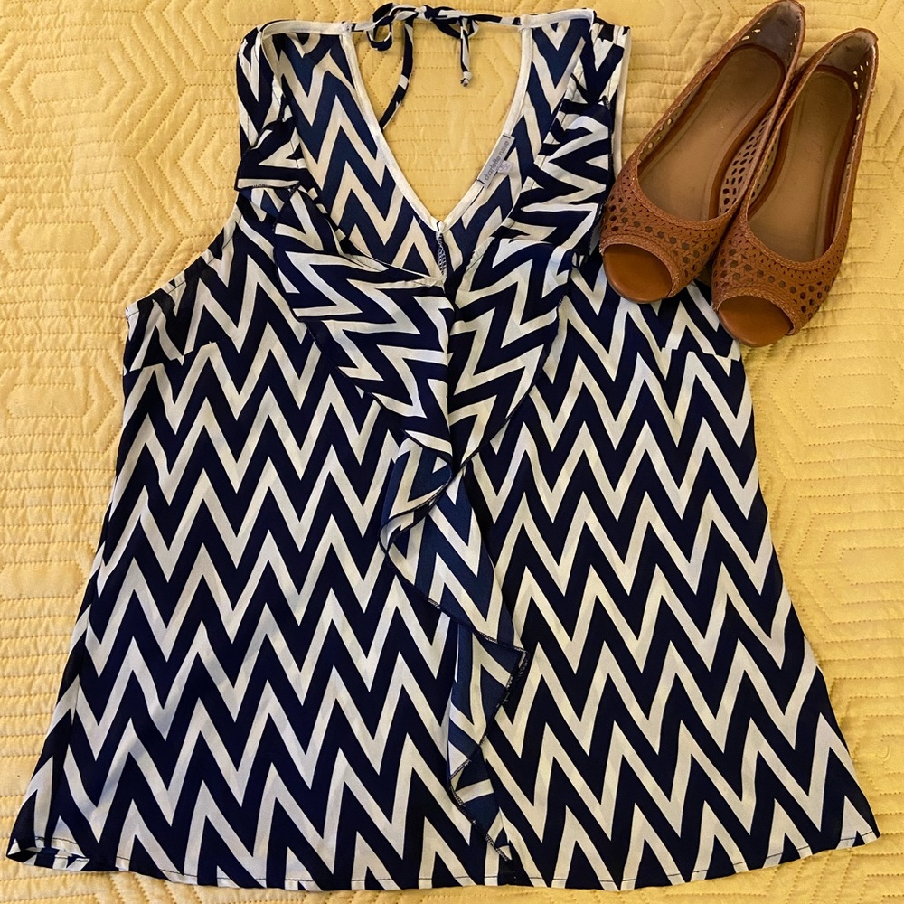 Navy Blue & White Chevron Ruffle Tank